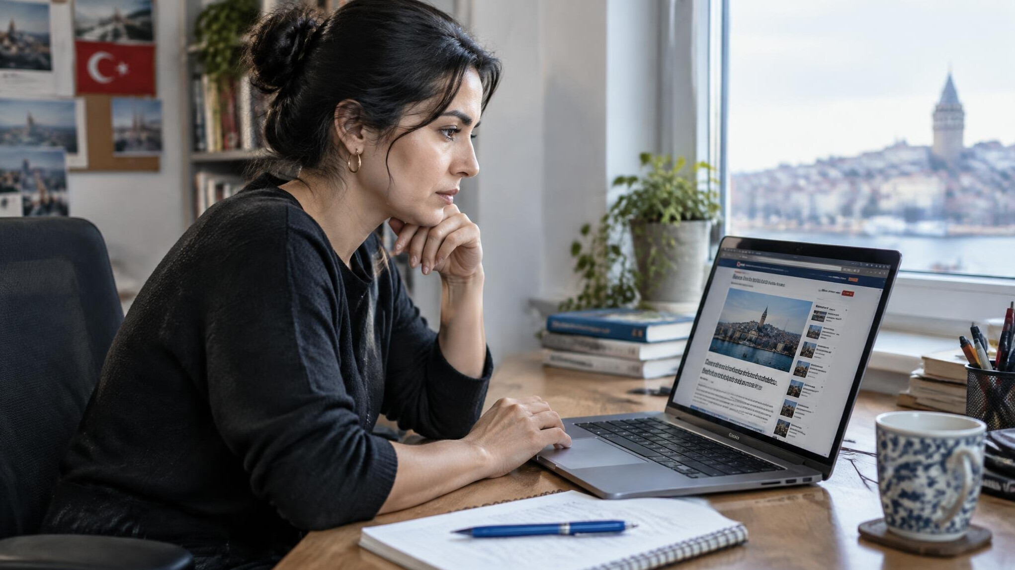 Turkish editor reviewing a news story on a laptop