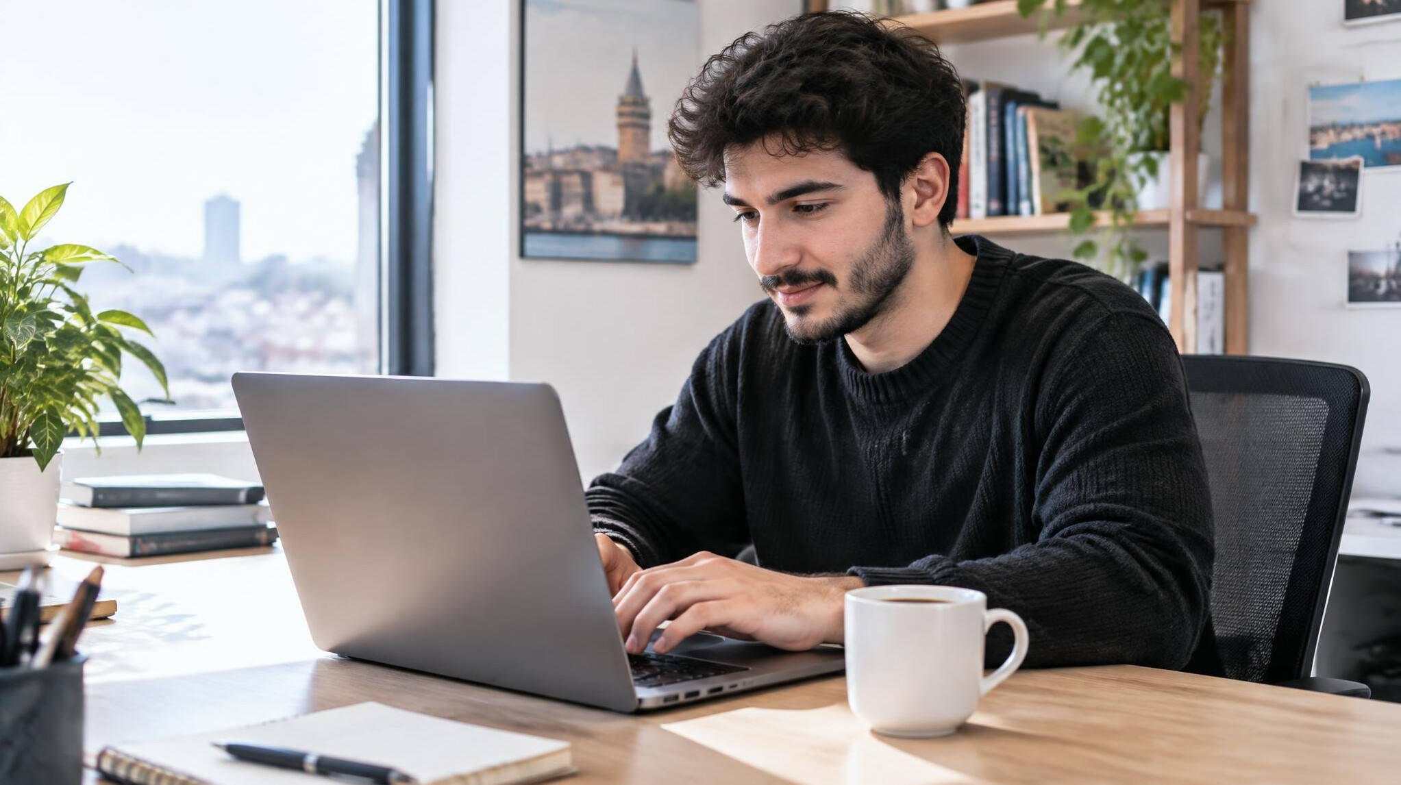 Writer typing a content draft on a laptop