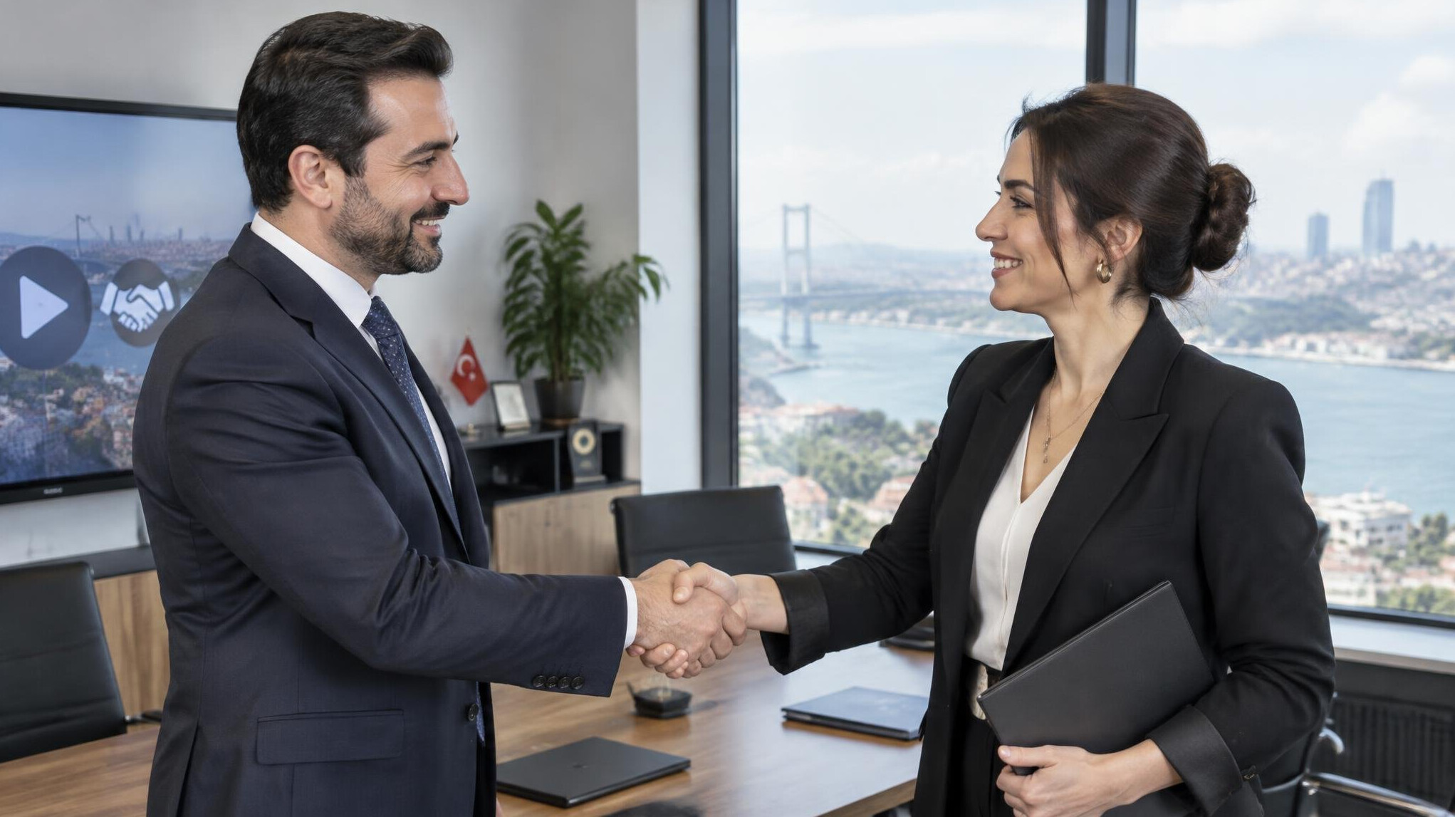 Two business partners shaking hands in an office