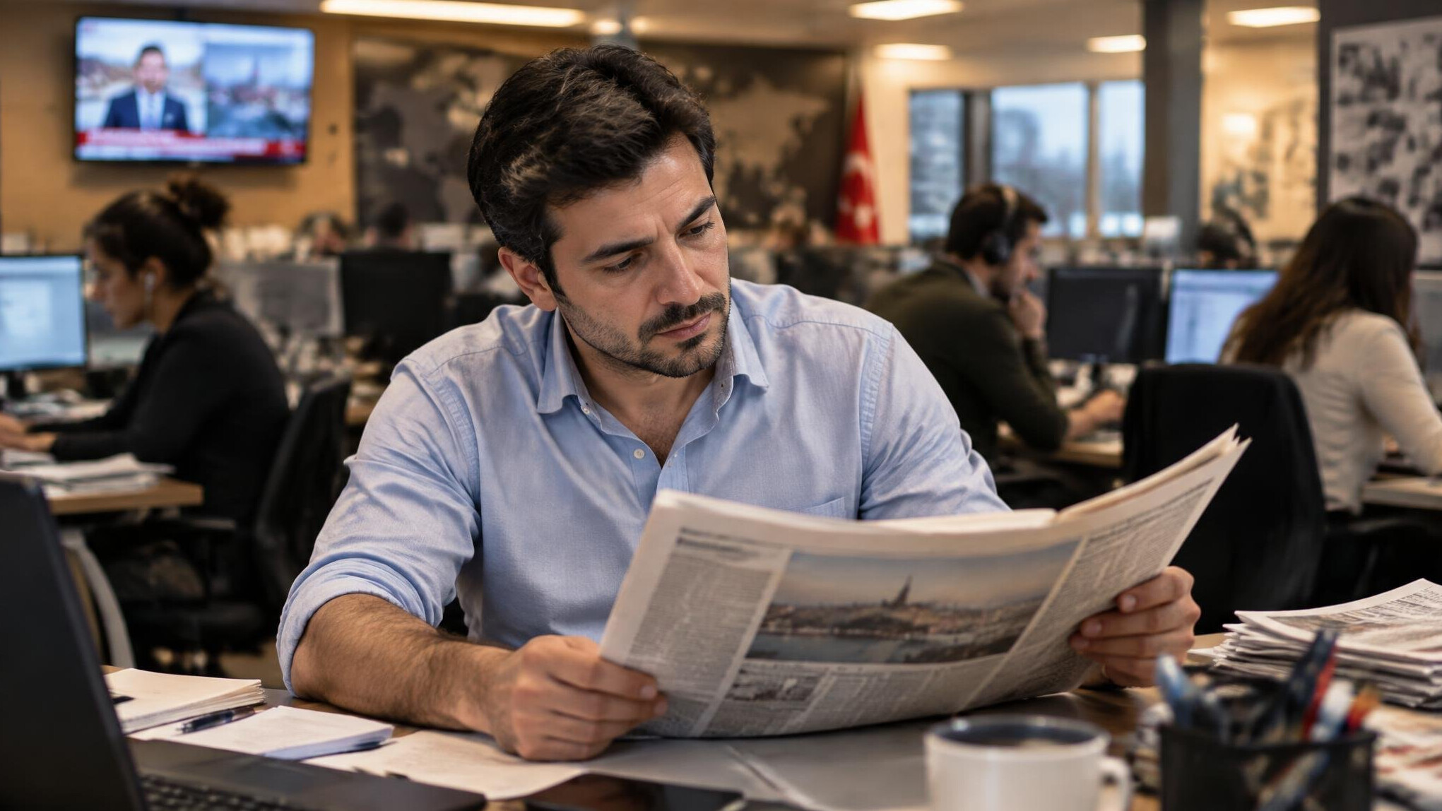 Turkish journalist reading a newspaper in a busy newsroom